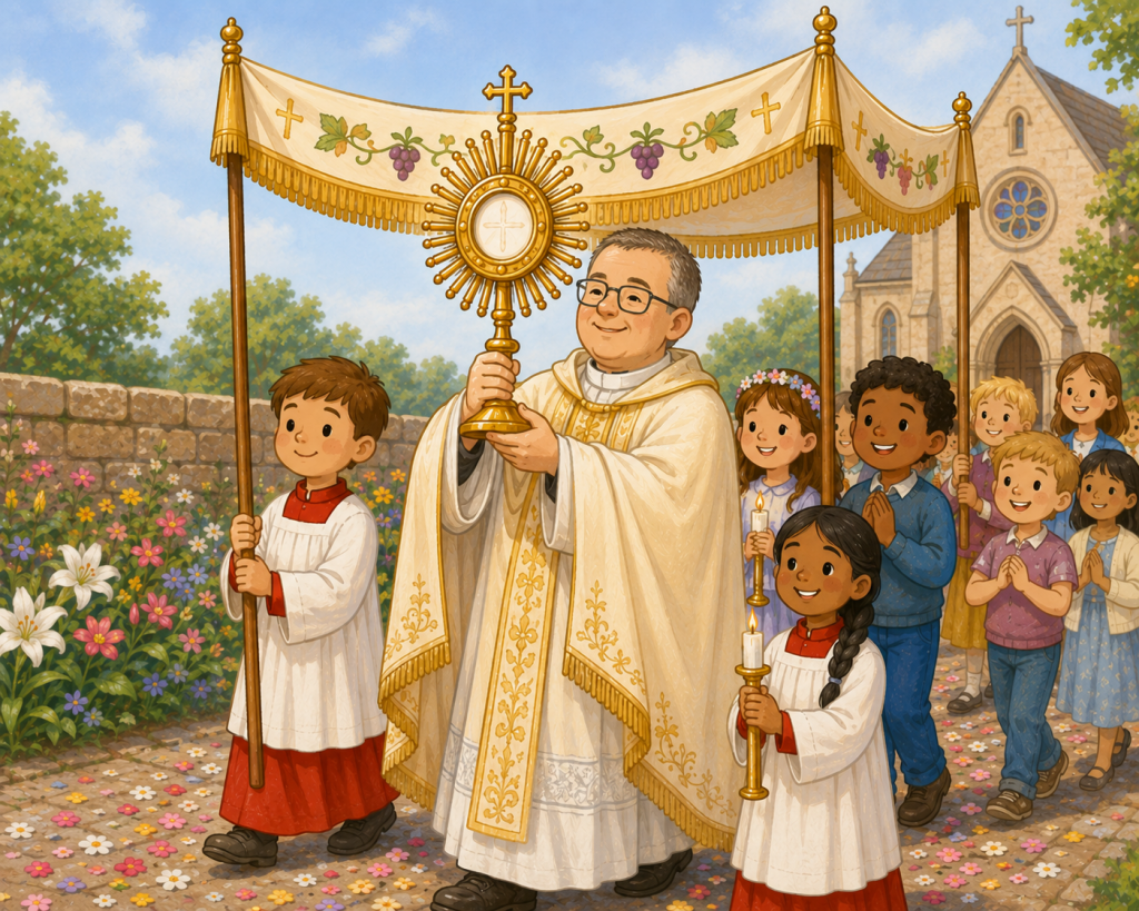 Priest holding the Eucharistic chalice in procession with children
